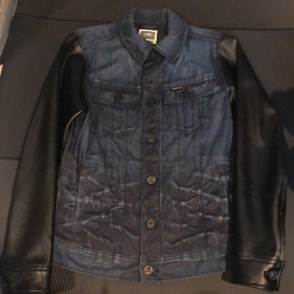 G-Star Raw Inked Denim Dark Blue Jean Jacket w/Authentic Leather Biker Sleeves - Picture 10 of 16
